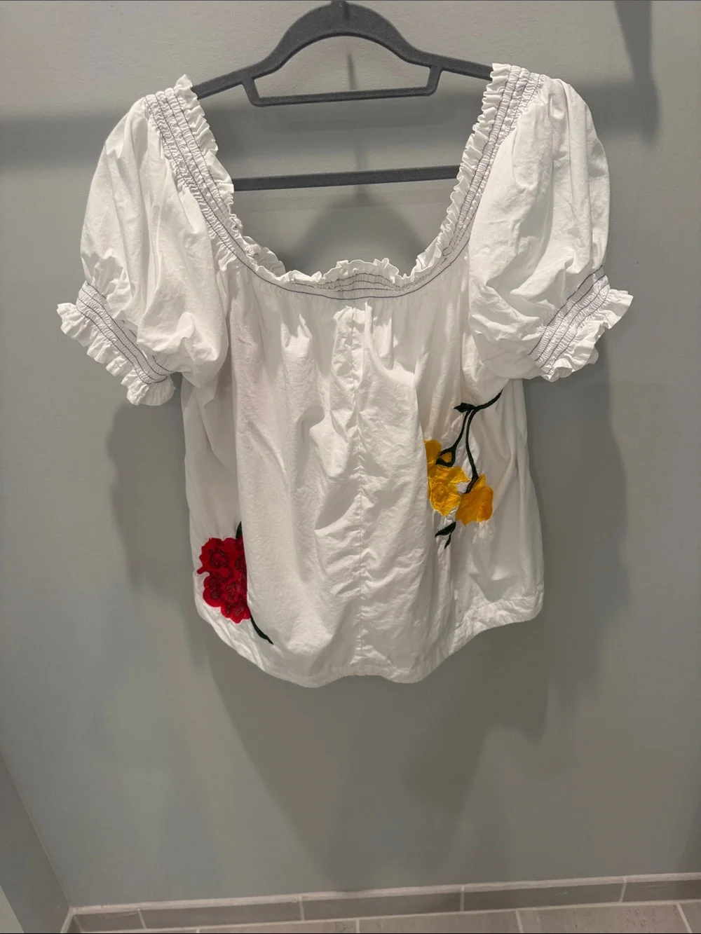 Anthropologie White Peasant Blouse with Red, Yellow, Purple & Green Embroidery